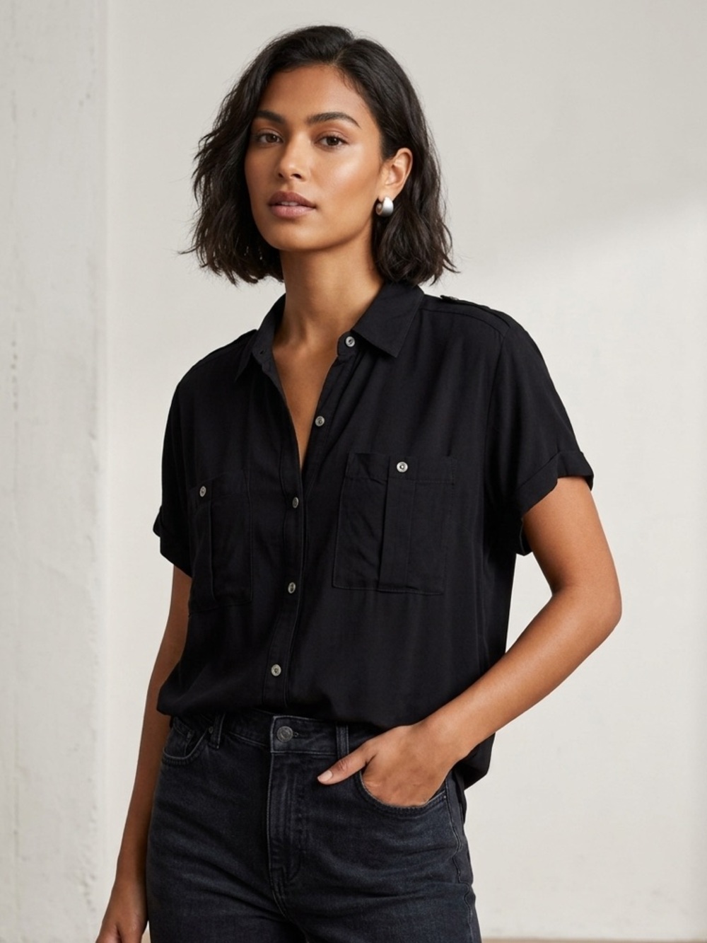 Lucky brand Black Short-Sleeve Button-Up Shirt